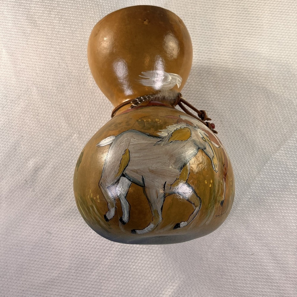 Hand Painted Horse Heads Gourd Art Pot Vase, Signed 10" tall - Picture 7 of 11